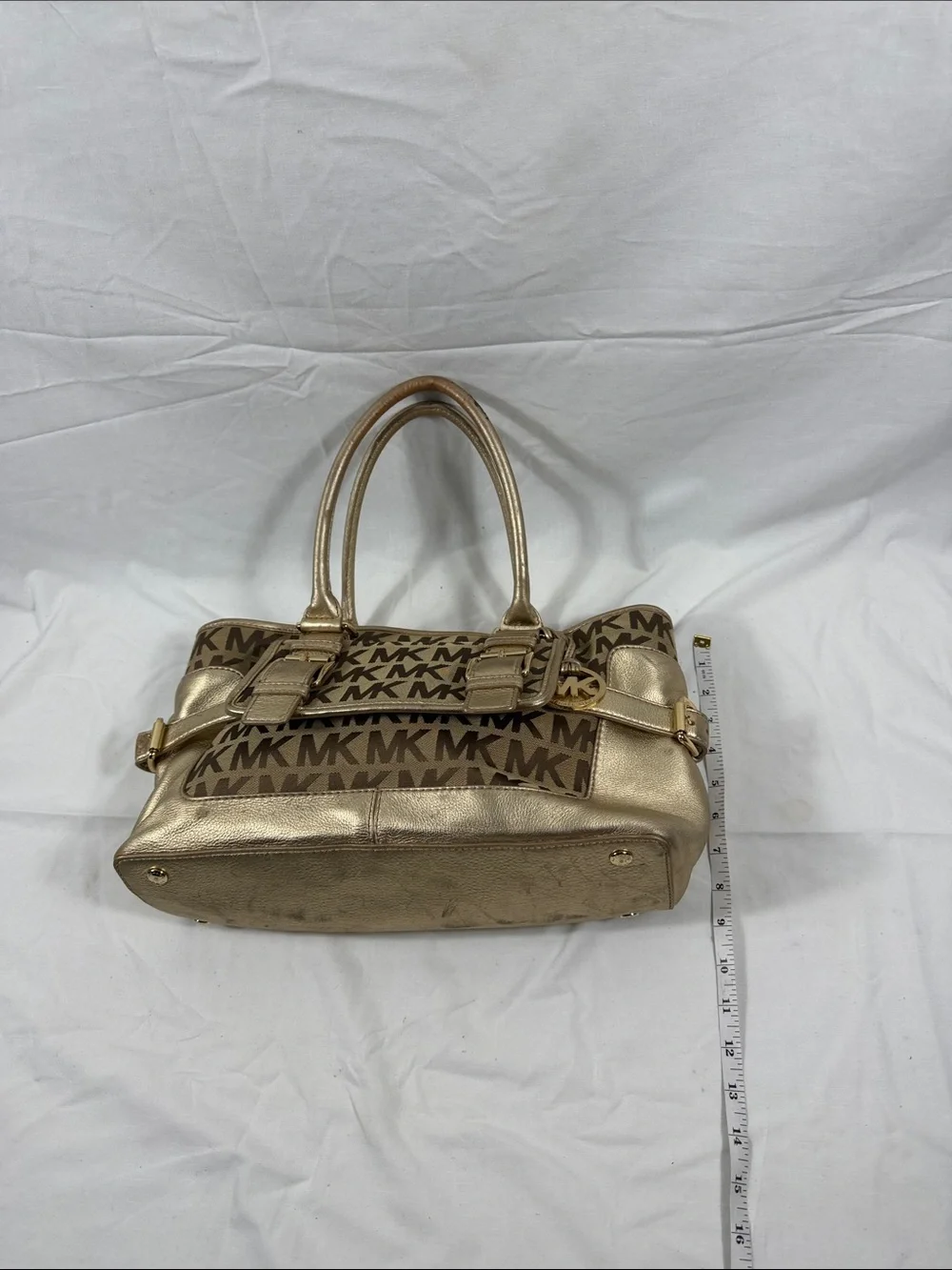 Michael Kors Gold Signature Jacquard Metallic Leather Satchel Bag